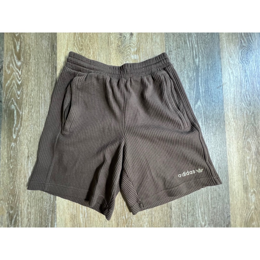 Adidas Waffle Knit Shorts Mens Small Brown Trefoil Logo Lounge Athleisure